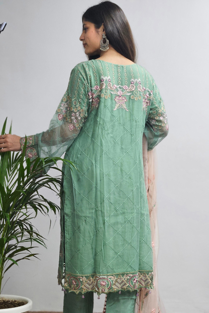 Green Pearls Work Georgette Suit