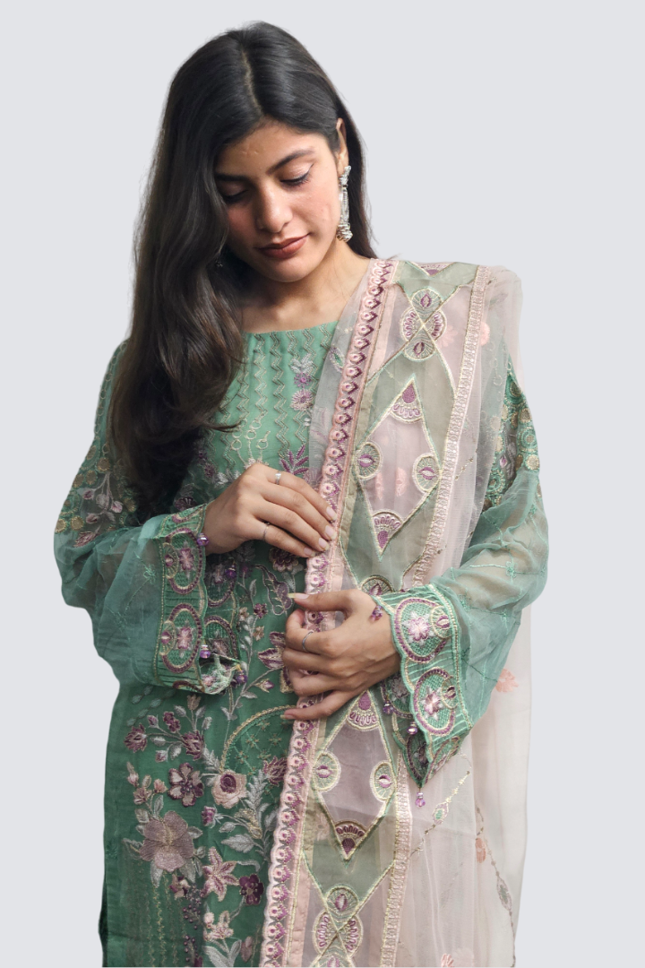 Green Pearls Work Georgette Suit