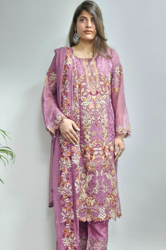 Purple Pakistani Salwar Kameez With Heavy Dupatta