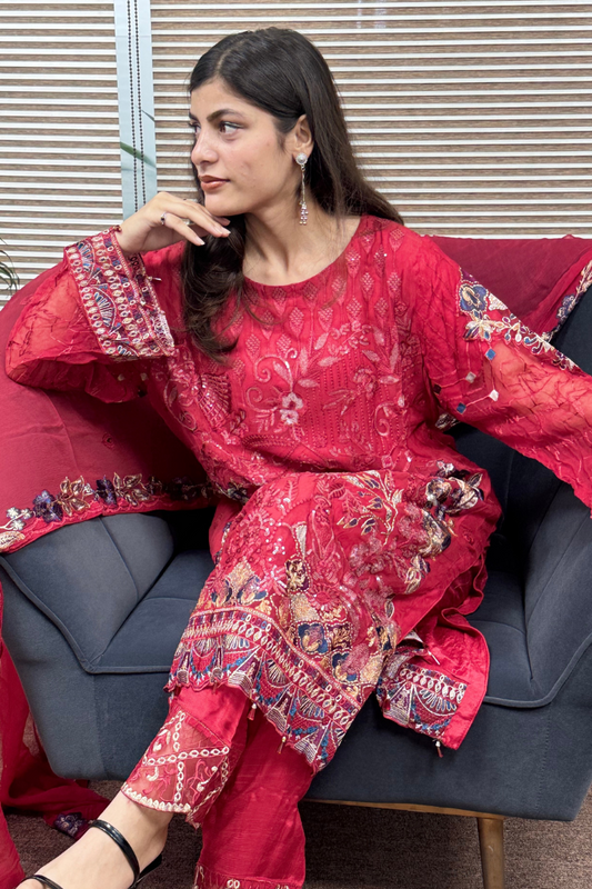 Pakistani Red Heavy Dupatta Suit