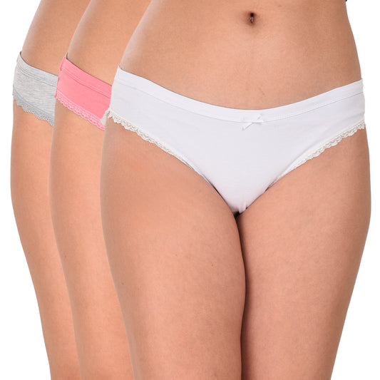 Pack of 3 White Pink Gray Premium Soft Cotton Bikini Panties for Women
